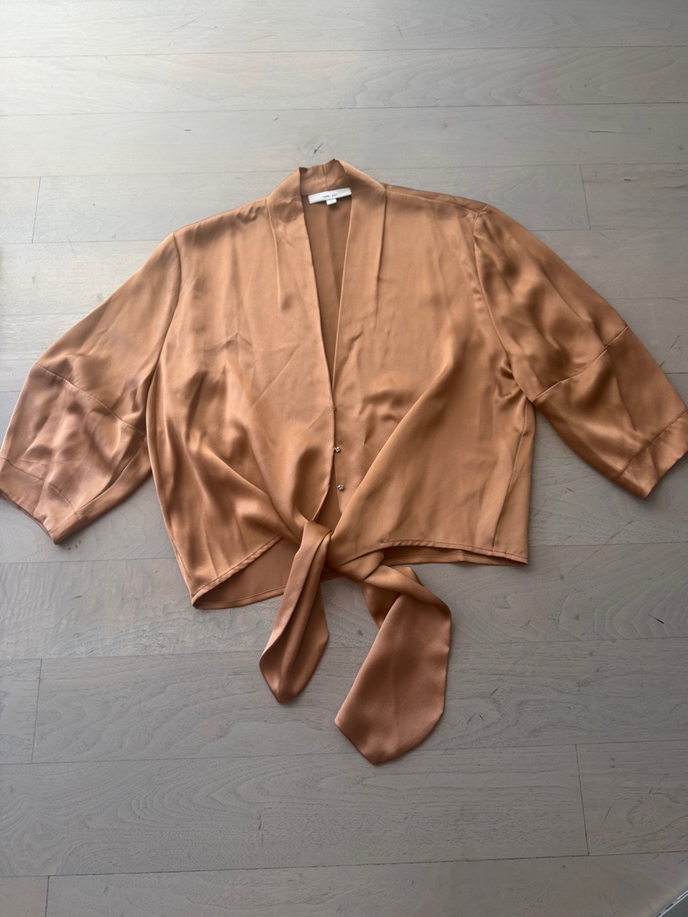 Bronze 100% Silk Satin Tie-Front Blouse